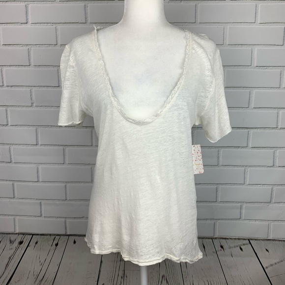 🔥FREE PEOPLE🔥SATURDAY LACE TRIM LINEN BLEND TEE IVORY LARGE NWT - Picture 8 of 11